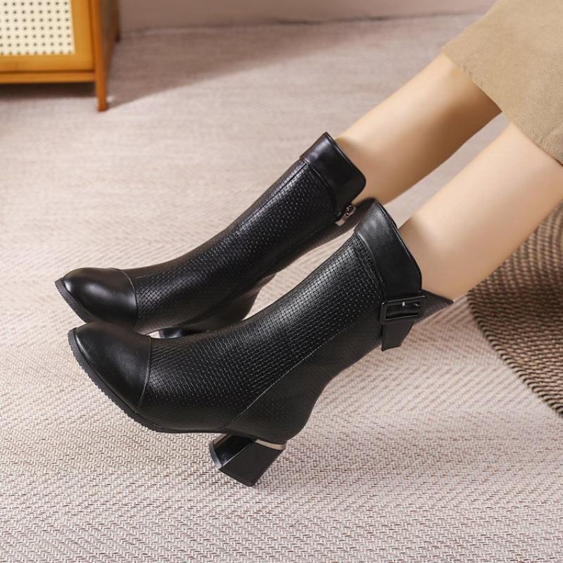 Best-selling Soft Leather Chunk-heeled Ankle Boots, High-heeled Mid-calf Boots, and Versatile Women's Shoes