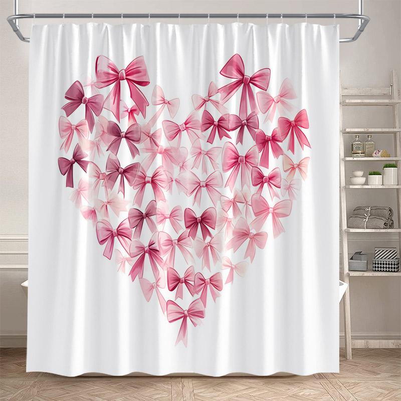 Fashion Bowknot Shower Curtains Red Pink Bow-Tie Heart Pattern Girl Gift Modern Bathroom Decorative Bath Curtain Set With Hooks