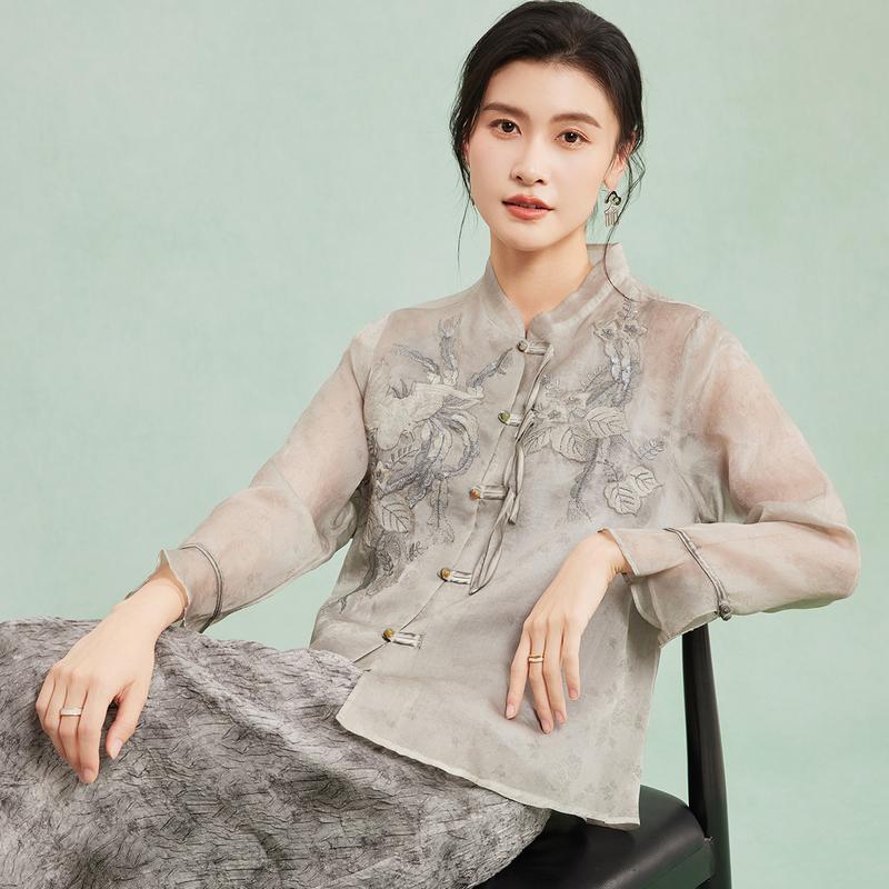 Elegant Silk Stand Collar New Chinese Style Mulberry Silk Shirt
