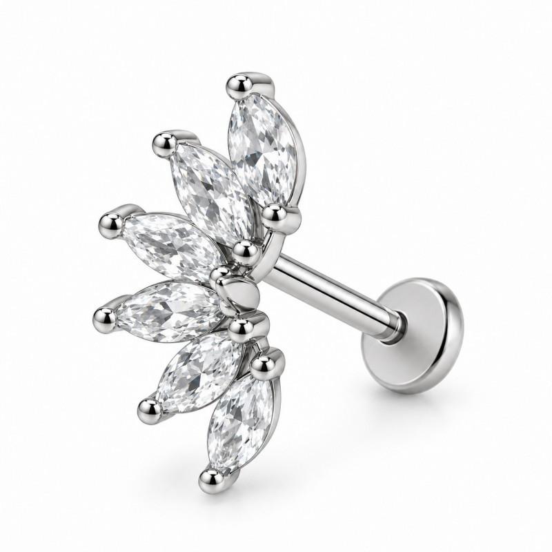 Stainless Steel Lip Ring Threaded Leaf Piercing Jewelry Micro Paved Zircon Minimalist Design