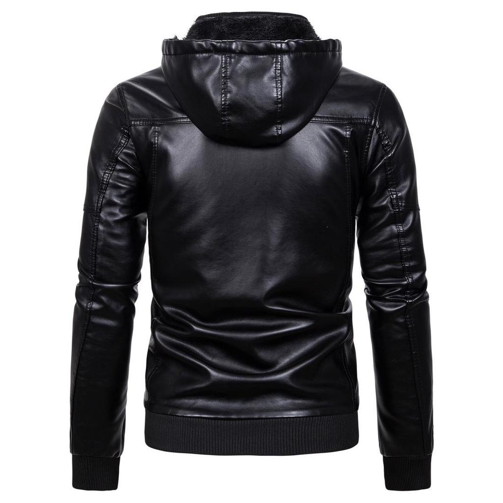 Autumn Winter Men Solid Color Warm Jacket Casual PU Hooded Coat Plus Size S-3XL