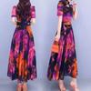Women Dress Floral Print High Tight Waist Short Sleeve Round Neck A-line Big Swing Bohemian
