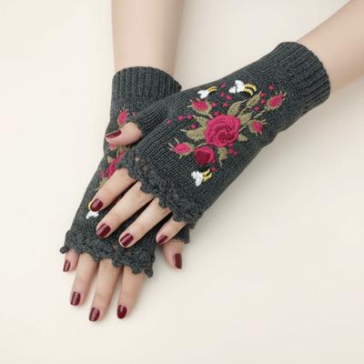 Gift Vintage Embroidery Knitted Gloves Bee Floral Winter Wool Gloves Half Finger Waterproof Crochet Flower Mittens Autumn