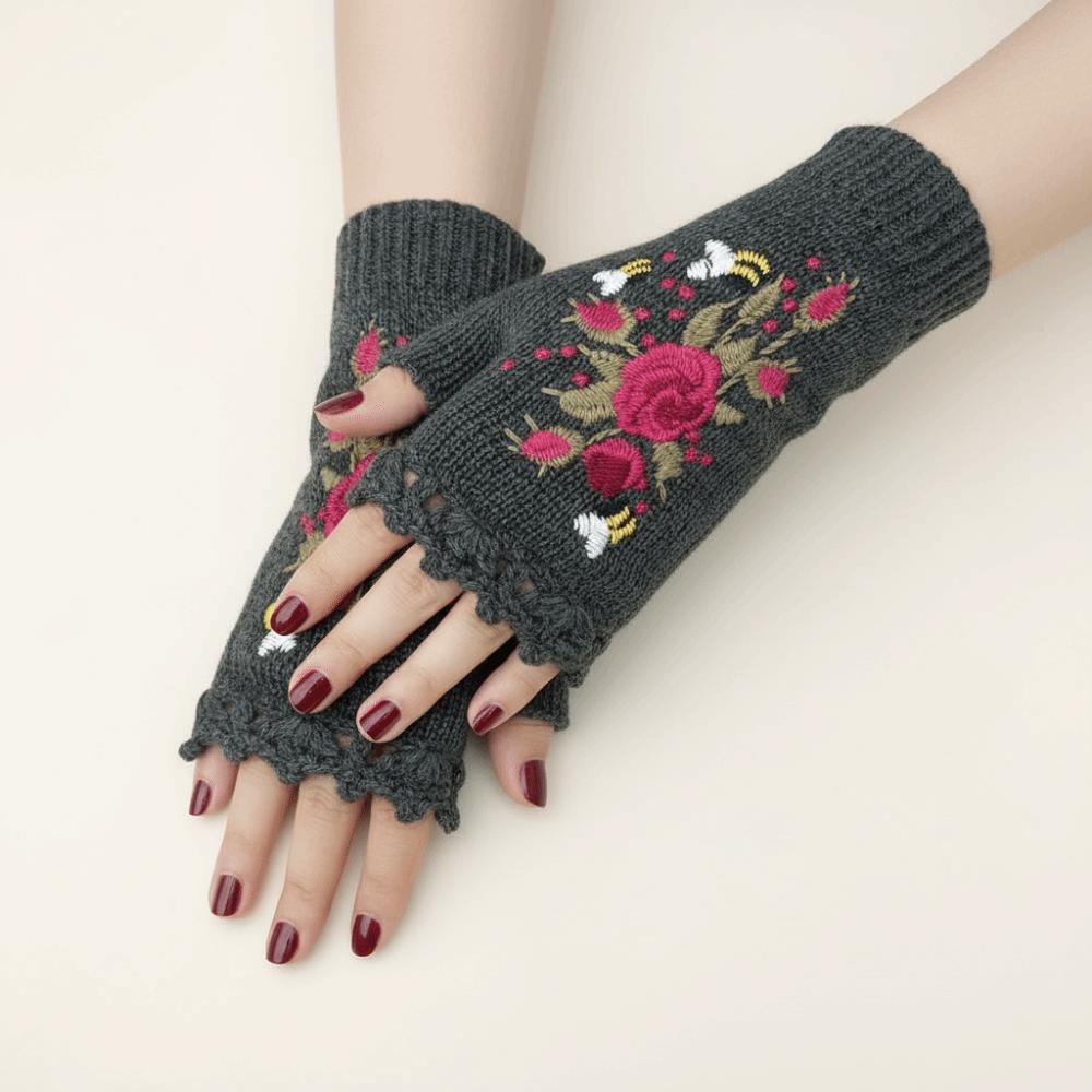 Vintage Winterwollhandschuhe Florale Fingerlose Handschuhe Geschenk Gehäkelte Blumenfäustlinge Outdoor