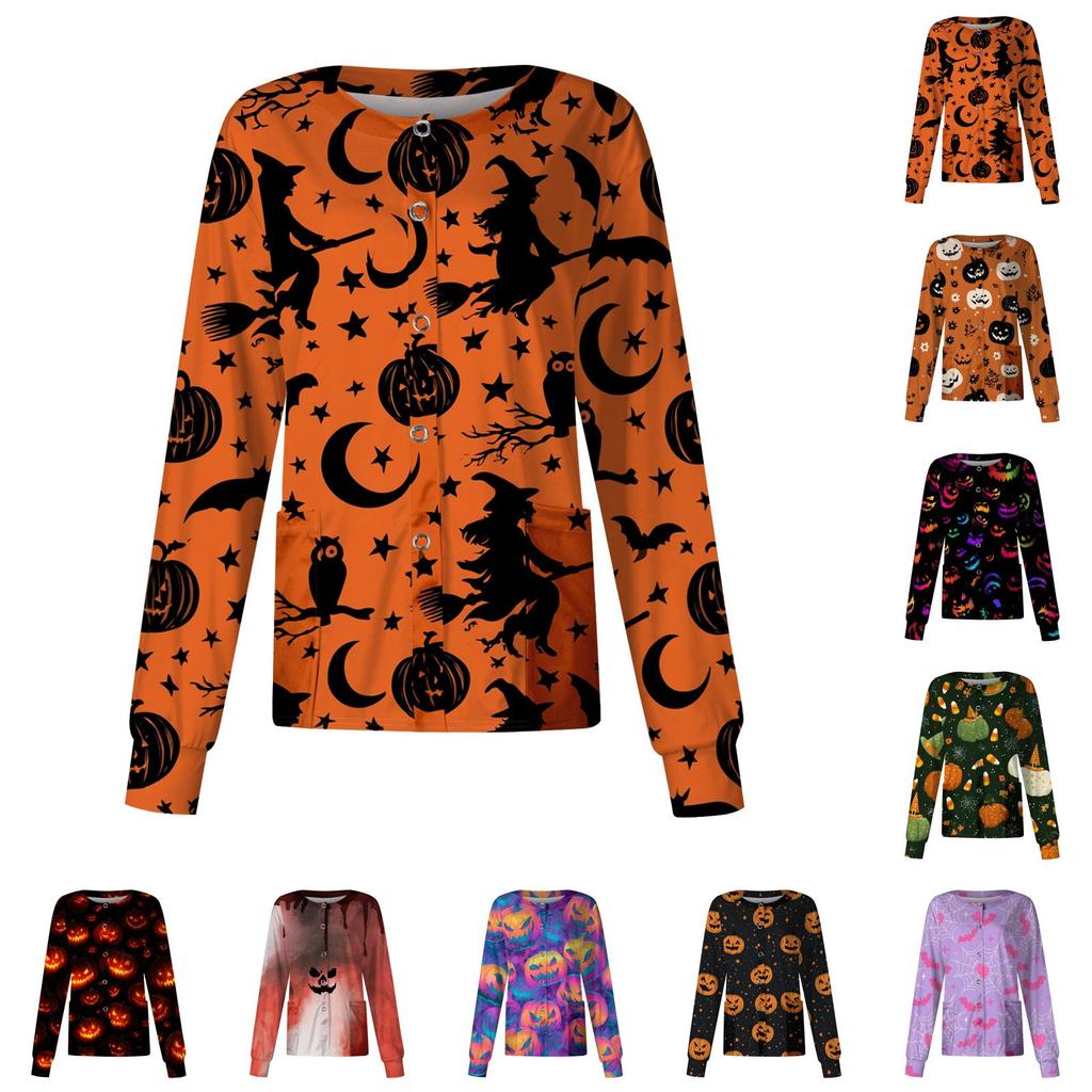 Women's Casual Long Sleeve Scrub Top with Single Buttons Halloween Print for Work Uniform
