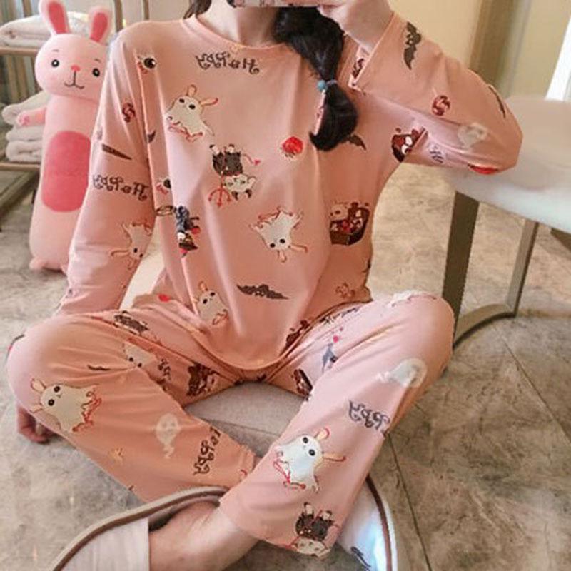Set Pijama Dama Desen Animat - Cămașă cu Mânecă Lungă și Pantaloni, Haine de Casă pentru Studente Mignone pentru Primăvară și Toamnă