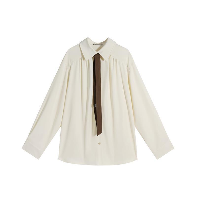 Elegant Long Sleeve Shirt Women Korean Solid Tie Chic Button Blouse Loose Harajuku All Match Office Ladies Simple Tops Summer