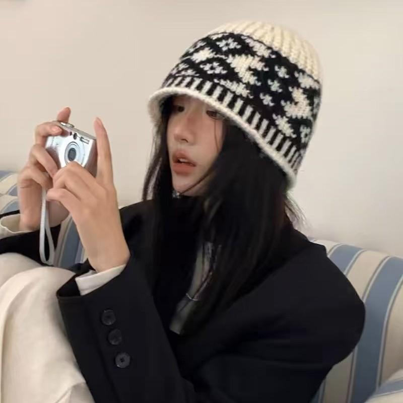 24 autumn and winter niche designer style knitted cold hat women's street versatile warm ear protector wool hat