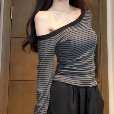 Camiseta feminina listrada de um ombro só, sexy, ombro de fora, manga comprida, slim, alta rua, Y2k, casual, tops, outono inverno, novo