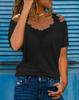 American Style European Women's Casual Loose V Neck Short Sleeve T Shirt with Lace Splice