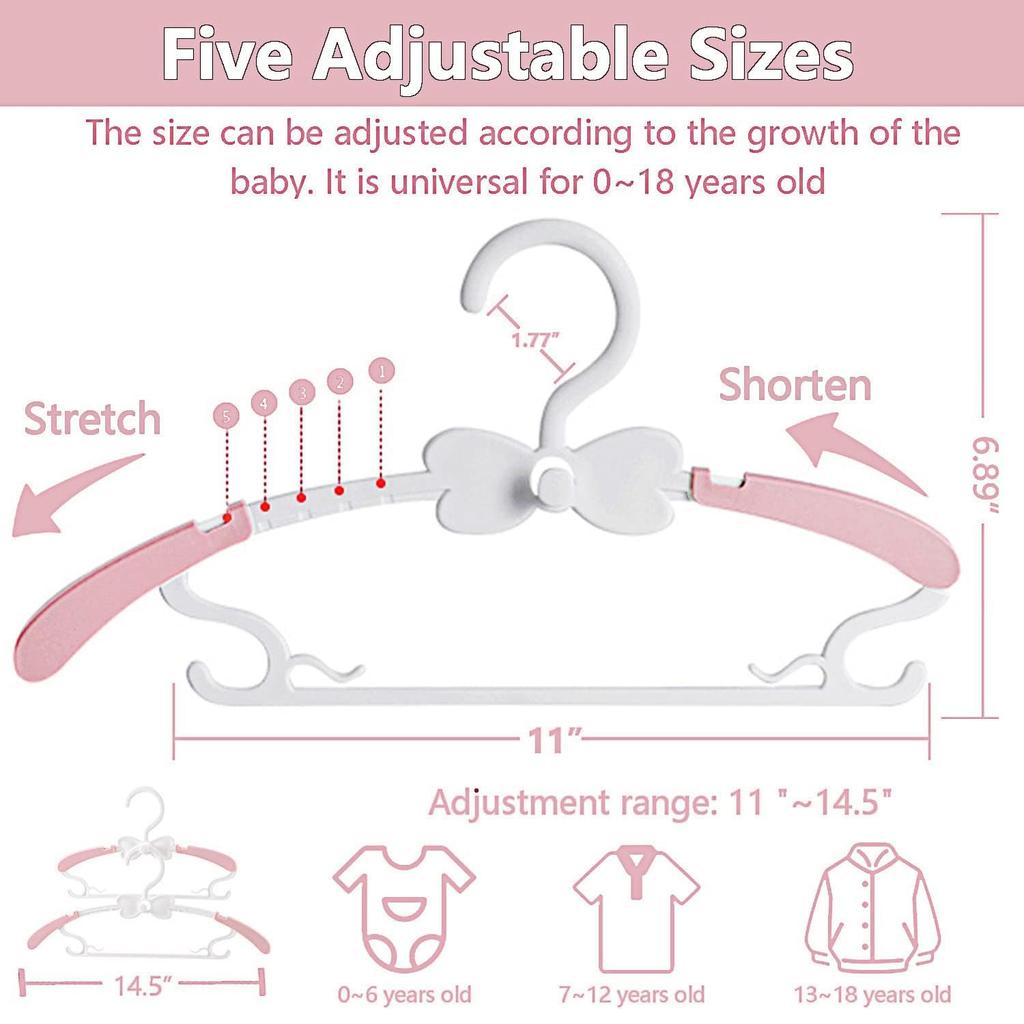 Baby Clothes Hangers, 11-14.5" Adjustable Kid Hangers for Newborn Closet, Infant Hanger for Toddler Pant, Coat Hanger for Boy Girl Nursery Clothing