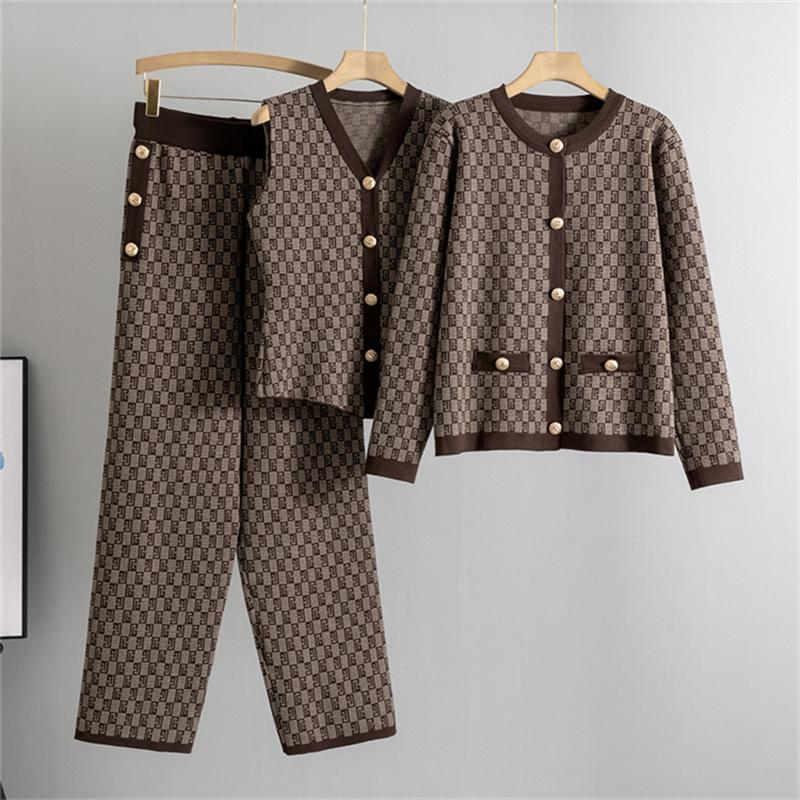 Women's Spring and Autumn New Fashion Style Knitted suit  Tank Top Sweater cardigan Pants 3 Piece suit