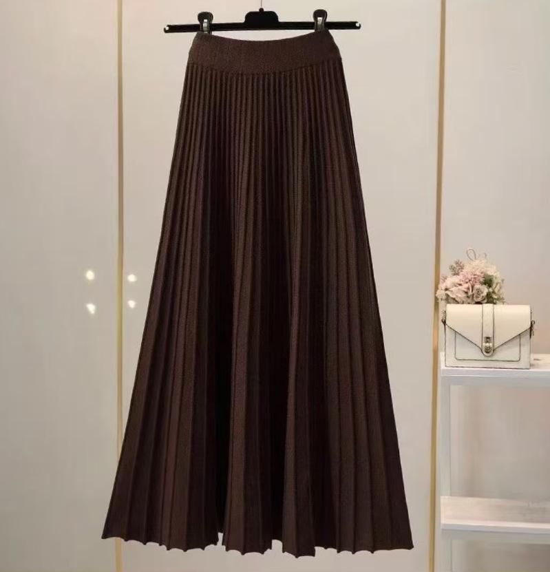 Women's High-Waist A-Line Knit Skirt - Hip-Covering, Wide Hem, Plus Size, Autumn-Winter, Thickened, Slimming Pleated Long Skirt