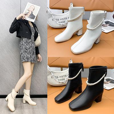 Short Boots Women Spring And Autumn Single Boots New Pointed Thick Heel Stretch Boots Fashion Pearl Riding Boots