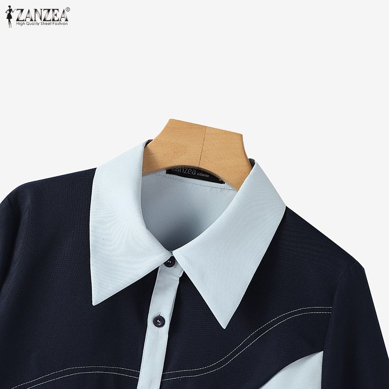 ZANZEA Women Turn Down Collar Casual Short Sleeve Patchwork Blouse
