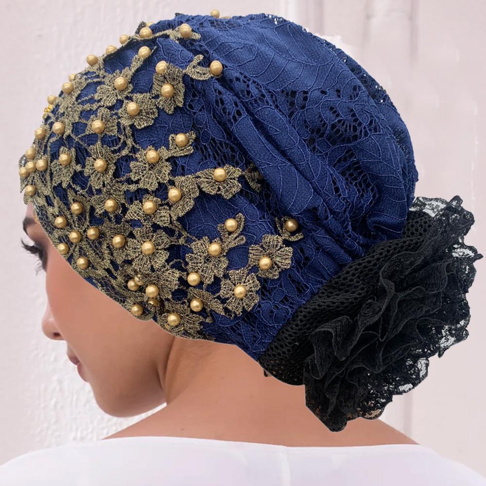 Embroidery Beading Turban Cap for Women Muslim Headscarf Hat Hairloss Chemo African Headwrap Bonnet Cap