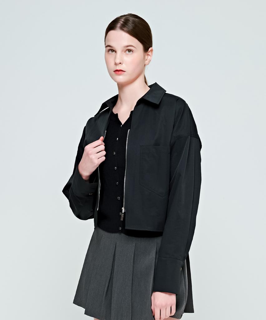DEPASION Crop Long Sleeve Oversized Zipper Collar Shirt Jacket (Black)