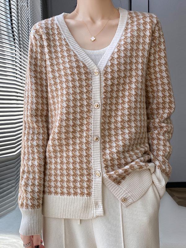 Women's V-Neck Houndstooth Color Block 100% Wool Cardigan Sweater