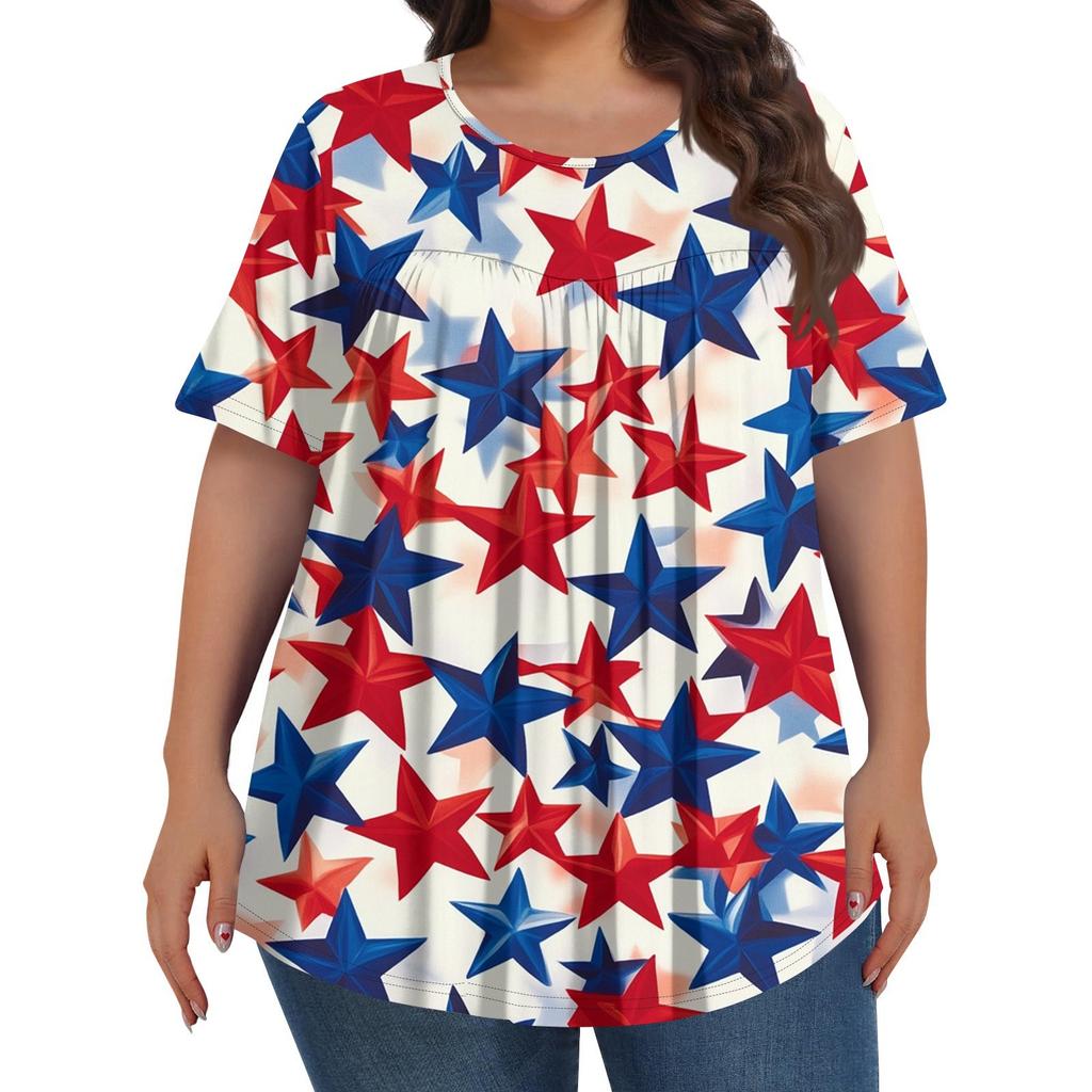 Damenmode, Übergröße, lässig, kurzärmliges Oberteil mit Rundhalsausschnitt und Falten vorne zum Unabhängigkeitstag-Aufdruck