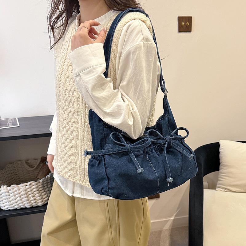 Vintage Bow Washed Denim Shoulder Bags for Women Versatile Large Capacity Ladies Crossbody Bag Lightweight Casual Tote Handbag