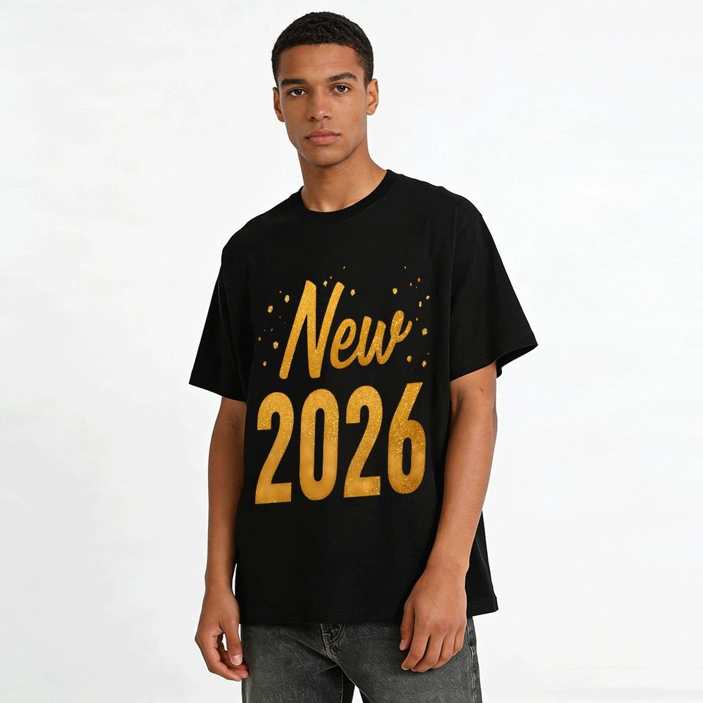 New Year 2026 Gold Print Casual Loose Fit Versatile Top Pure Cotton T-shirt