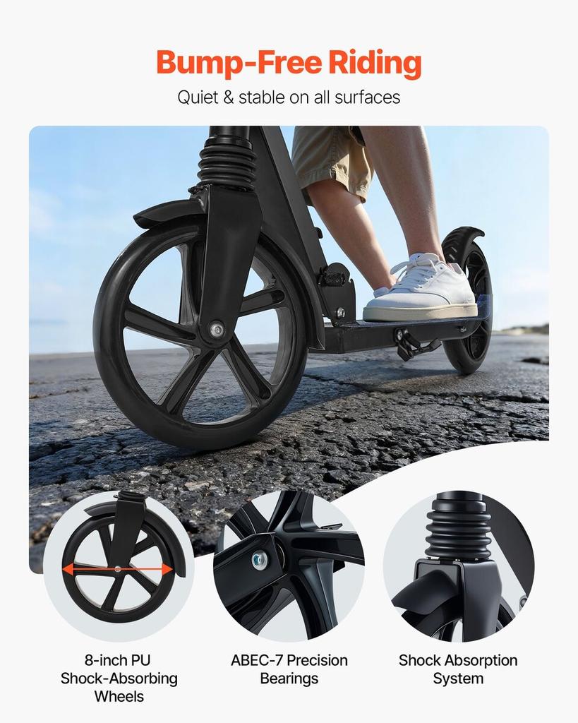Kick Scooter for Kids Ages 8+, Teens & Adults, 2-Wheel Toddler Scooter with Adjustable Height Handlebar, Wide Anti-Slip Deck, Foldable Lightweight for