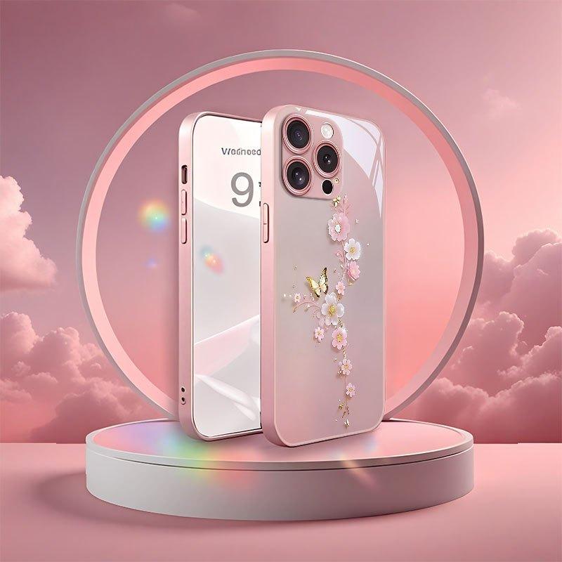 Luxusní kovové tvrzené sklo na telefon s motivem motýla a květin Pro iPhone 11 12 13 14 15 16 17 Pro Max 15 14 Plus 17 Air 17E Kryt