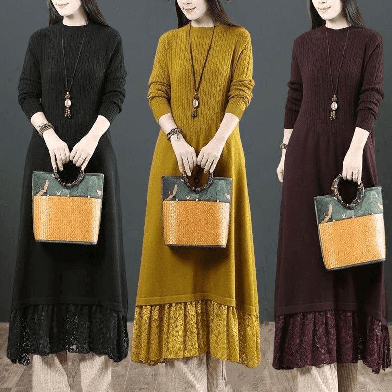 Semi-turtleneck Sweater Knitted Dress Autumn and Winter New Plus Size Women's Clothing Mother with Coat Knee-length Skirt