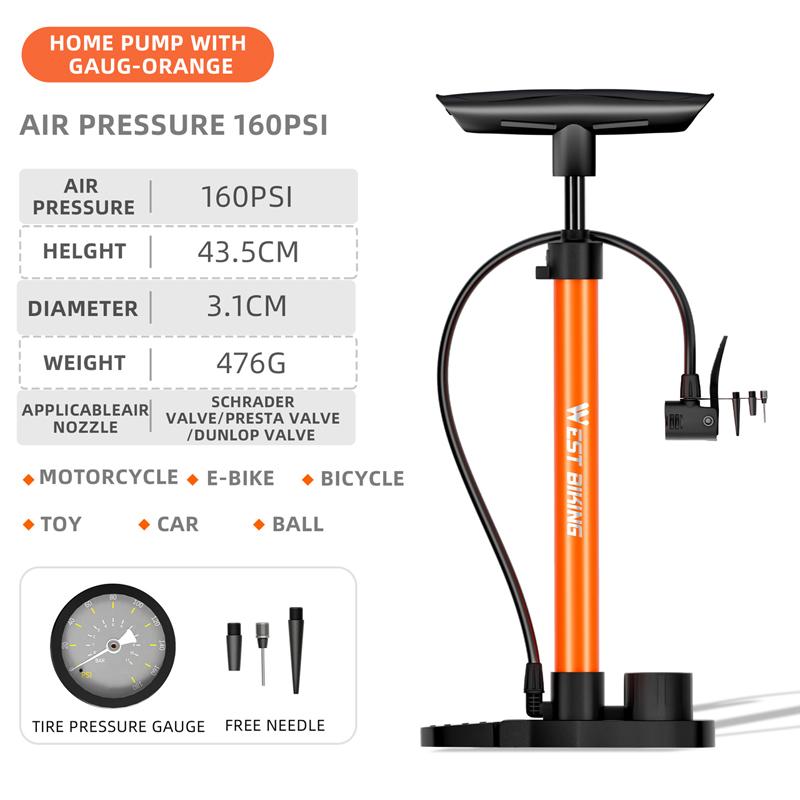 WEST BIKING 160PSI Bike Pump Portable Stainless Steel Floor Pump Presta&Schrader Valve Tire Inflator MTB Road Bike Accessories