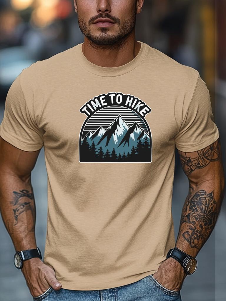 Mens Hiking TShirt Time To Hike Mountain Print Short Sleeve Round Neck Breathable Oversized Daily Wear TShirt