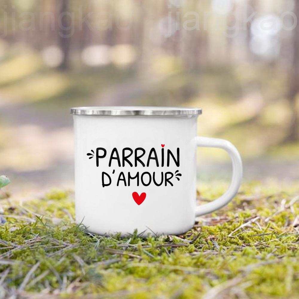 Französische Taufpatin Pate Druck Emaille Kaffeetasse Getränke Milchbecher Campingtassen Bestes Geburtstags-Feiertagsgeschenk für Patentante Patenonkel