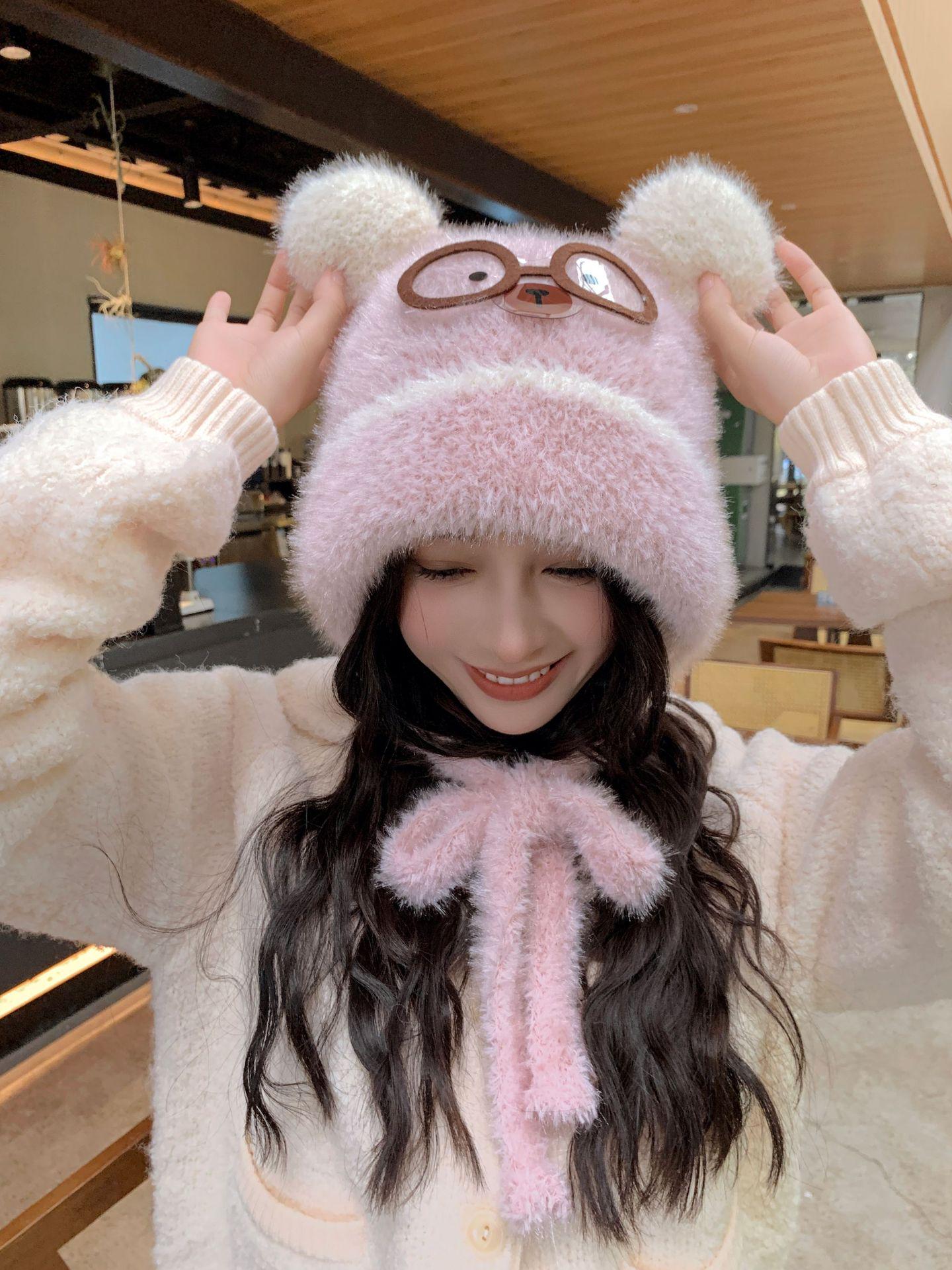 

Милая плюшевая шапка в японском стиле: Женская теплая вязаная шапка-бини для осени/зимы L (58-60cm) розовый