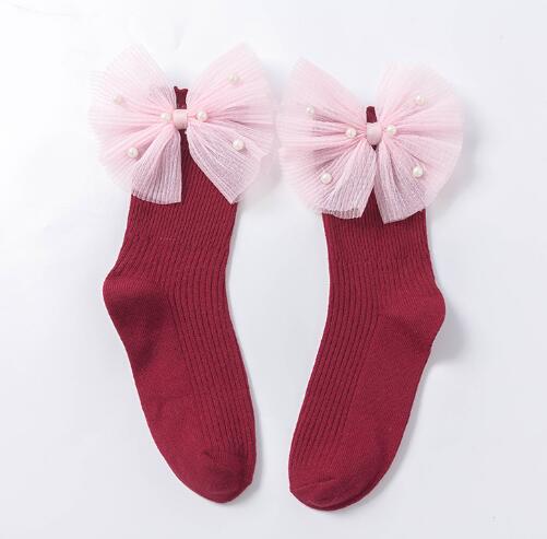 Girls Black Calf Socks Cute Bowknot Pearl Decor Combed Cotton Comfortable Toddler Baby Socks