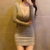 Gray Long-Sleeve Sexy Chest-Revealing Tight Hip Dress