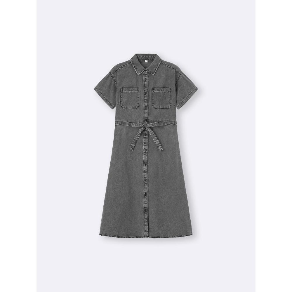 GU by Uniqlo Rochie Cămașă de Lucru Denim Light Mânecă Scurtă +ec