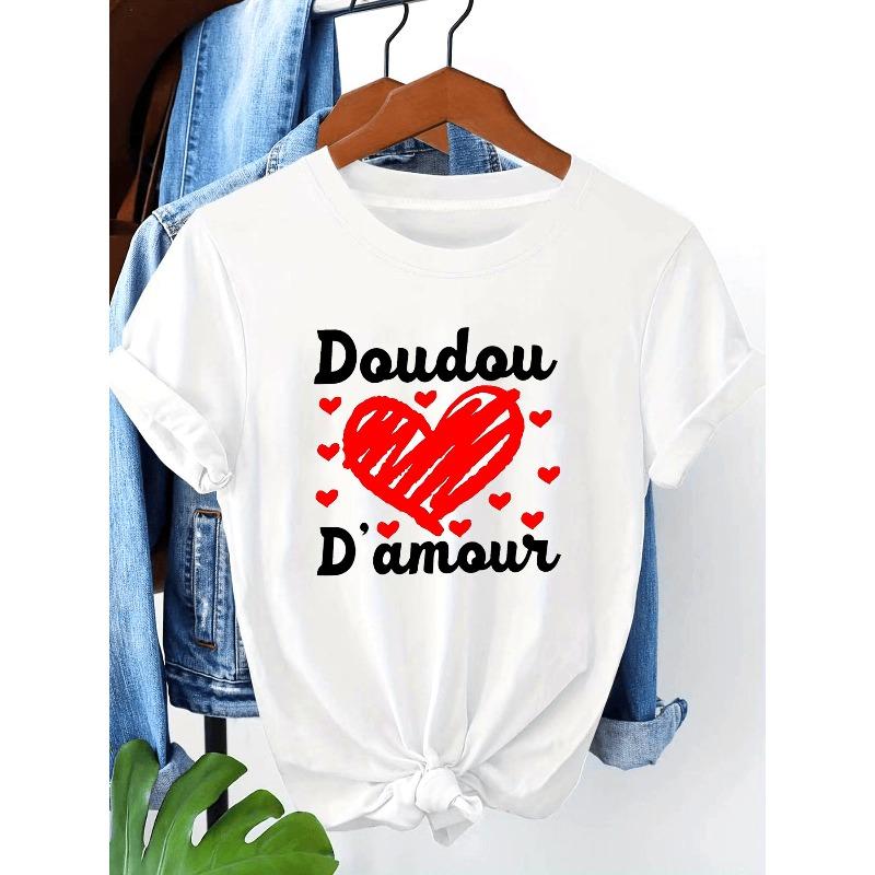 

Doudou D amour Graphic Print Plus Size Women s T-shirt, Short Sleeve Crew Neck Casual Top for Summer & Spring, Women s Clothing S белый