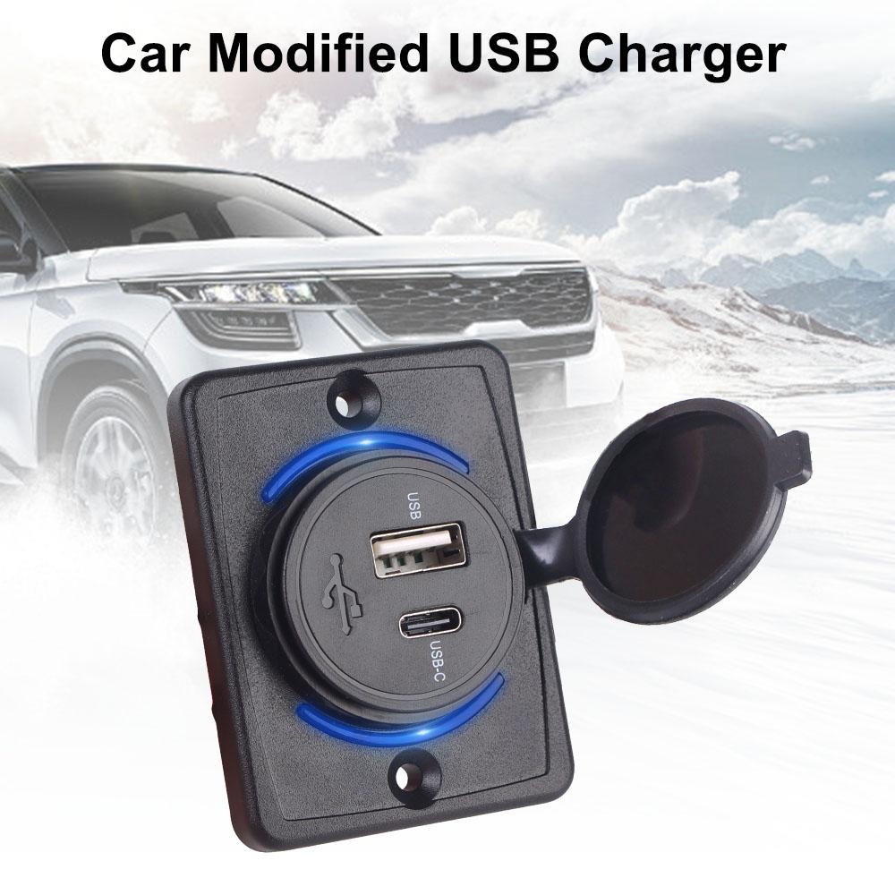 For Car Marine Boat RV Auto Accessory Car USB Port Charger Socket Adapter LED Light Car Charger QC3.0+PD 12V/24V Waterproof