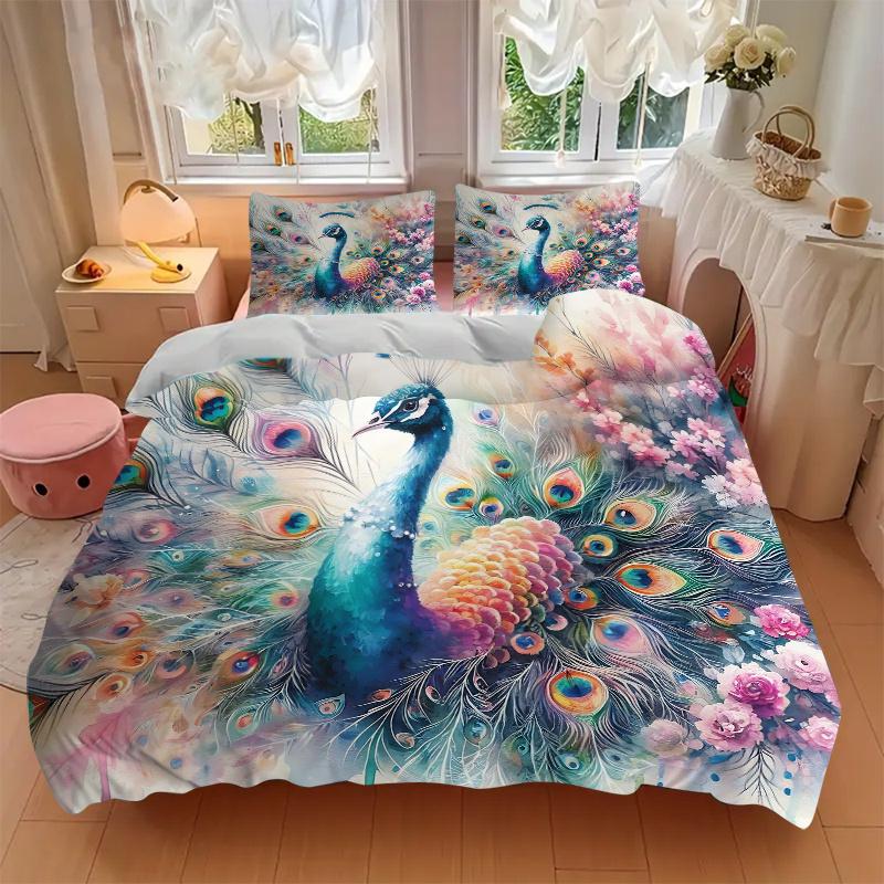 3pcs Colorful Peacock with Feathers Spread Amidst Flowers and Nature's Beauty Pattern Bedding Three-Piece Set (1 Cover + 2 Pillowcases, No Fillings)