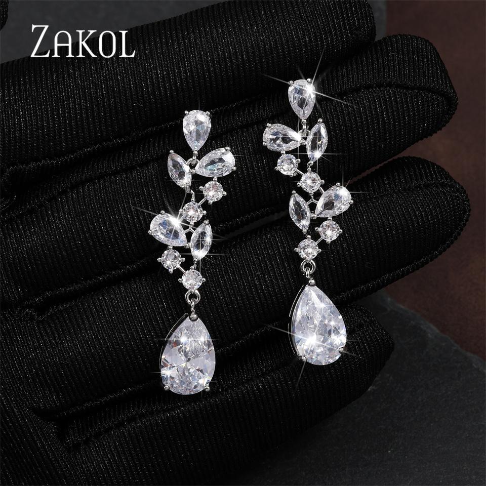ZAKOL Luxury CZ Leaf Shape Long Dangle Earrings for Women Shinny Water Drop Cubic Zirconia Bridal Jewelry EP5097