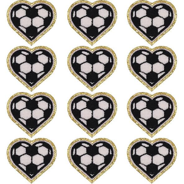 12pcs Heart Football Iron on Patches Embroidered Motif Applique Deco Sew on Patches Gold Edges Chenille Love Shape Rugby Embroidered Patches for