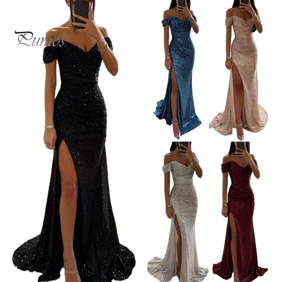 Třpytivé plisované šaty Elegantní výstřih do V Odhalená ramena Maxi Krátký rukáv Detail pasu Dlouhé Úzké Večerní párty Maturitní Ples Štíhlé Sexy Rozparek Jednobarevné Odhalená ramena