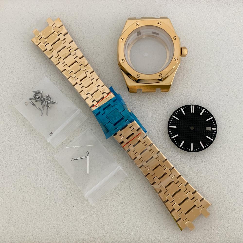 41mm PVD Gold Plating Watch Case Dial Set Sapphire Glass Stainless Steel Strap Watches Accessories for NH35 NH36 4R36 Movement