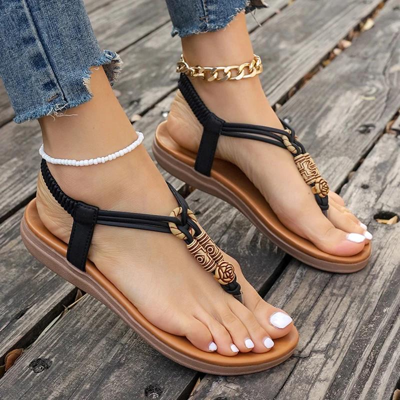 Fashion Bohemian Style Women's Beaded Flat Sandals Casual Clip Toe Soft Sole Beach Shoes Woman Lightweight Elastic Band Summer Sandals