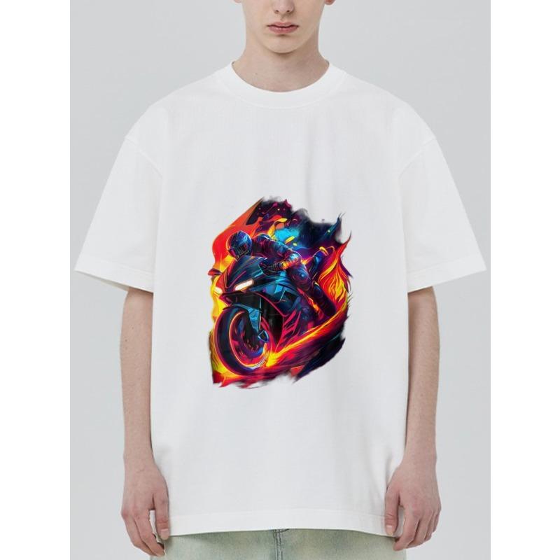Crewneck T Shirt White Motorcycle Rider with Flame Design for Casual Wear