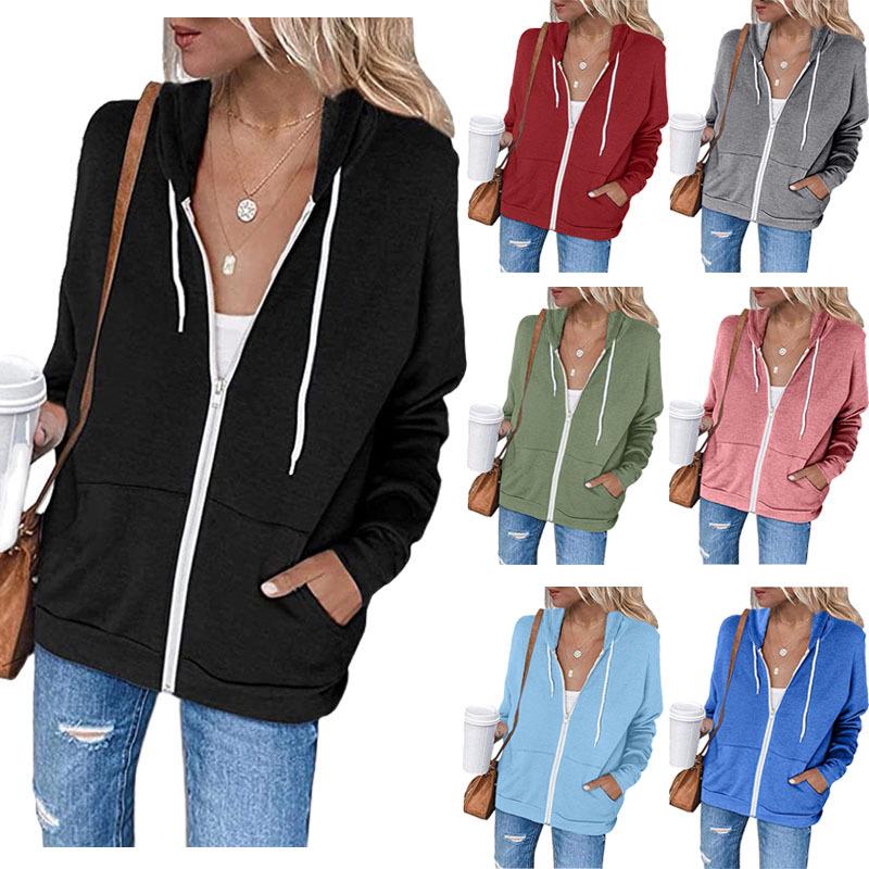 2021 Cross-Border Autumn/Winter Solid Color Hooded Zip-Up Sweatshirt with Drawstring and Pockets