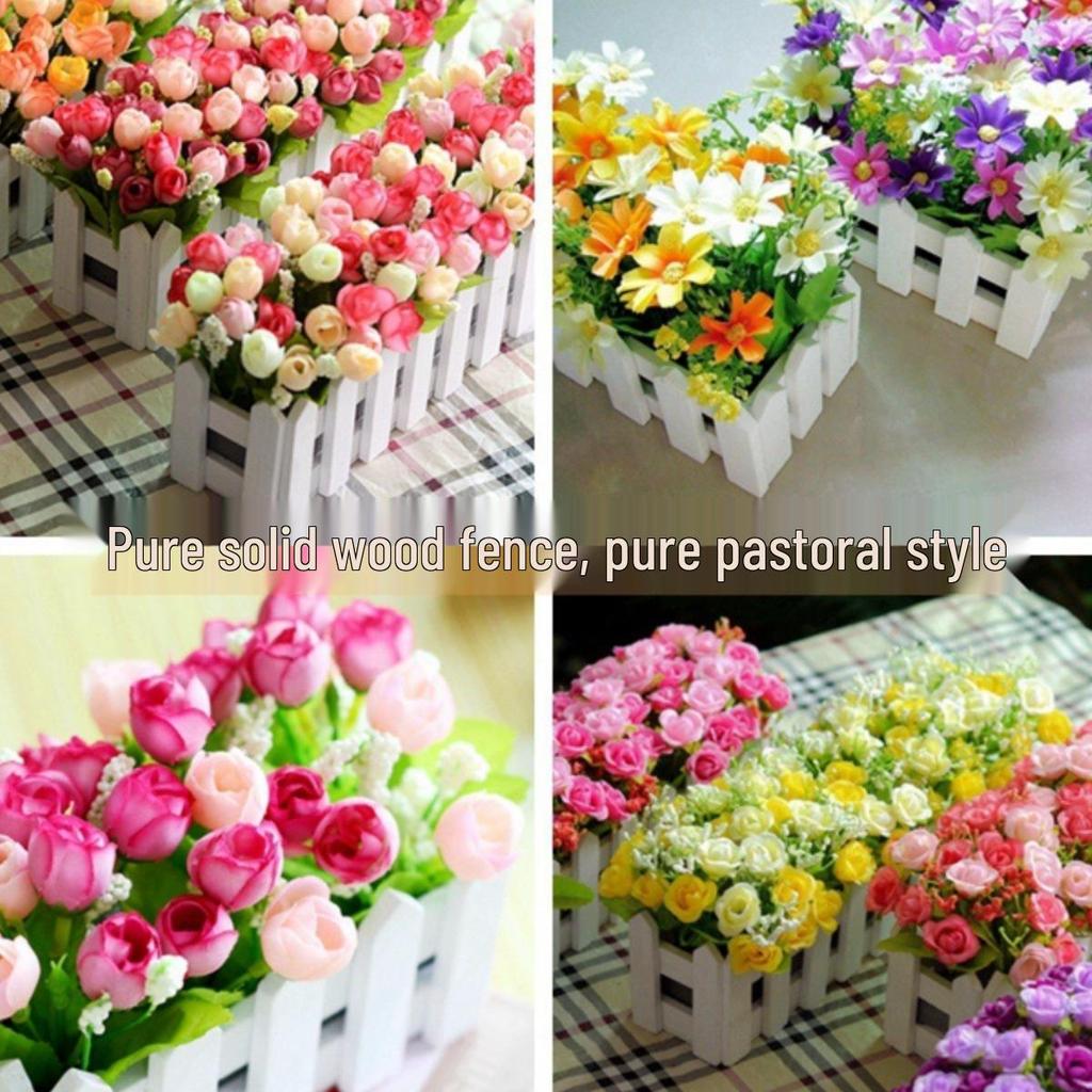 Silk & Plastic Flower Bouquet with Wooden Fence for Living Room Décor
