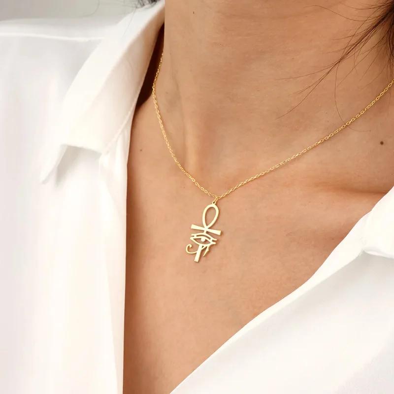14K Gold Plated Pendant Necklace Ancient Egypt Egyptian Ankh Eternal Life Cross Eye Horus Key Life Amulet Talisman Protect Health Jewelry Charming