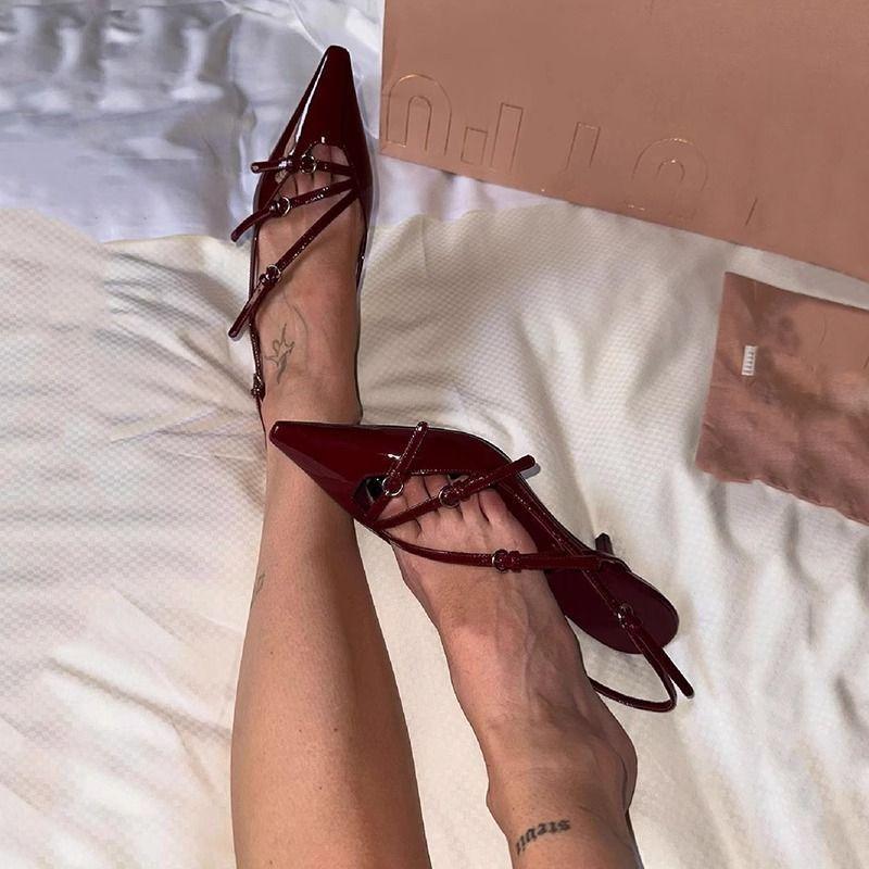 Patent Leather Thin Heel French High Heels Niche Design Sense 2025 Celebrity Word with Bag Head Sandals Empty Single Shoes Women