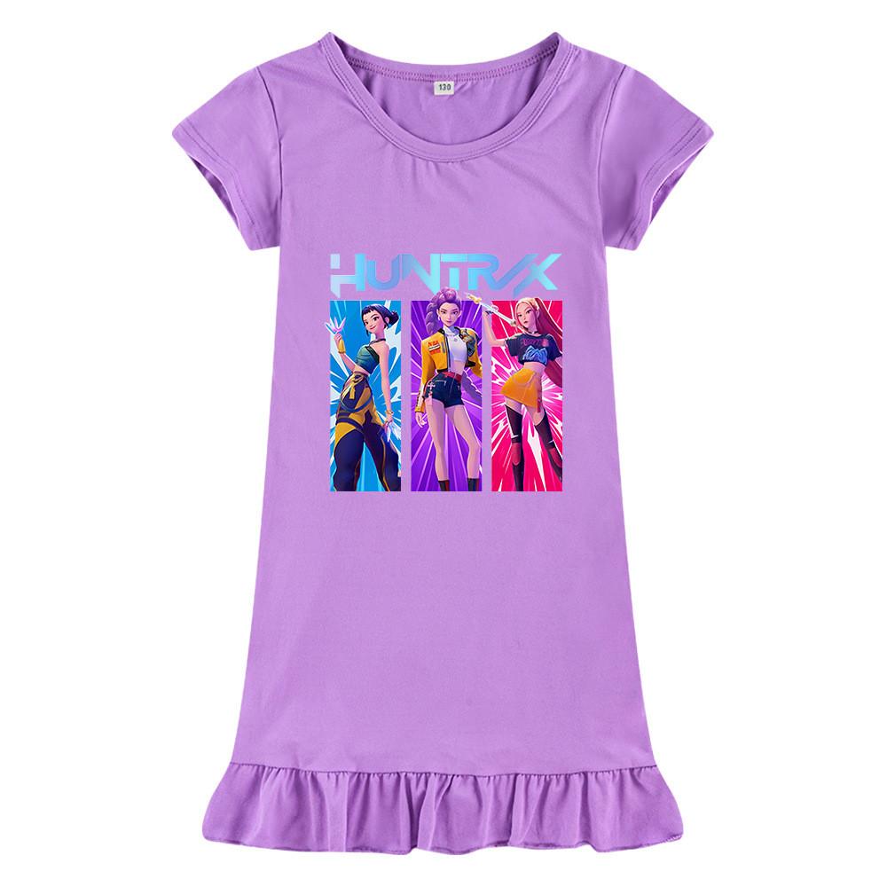 M1221 Kids Girls Kpop Rumi Zoey Mira Print Short Sleeves Ruffle Dress