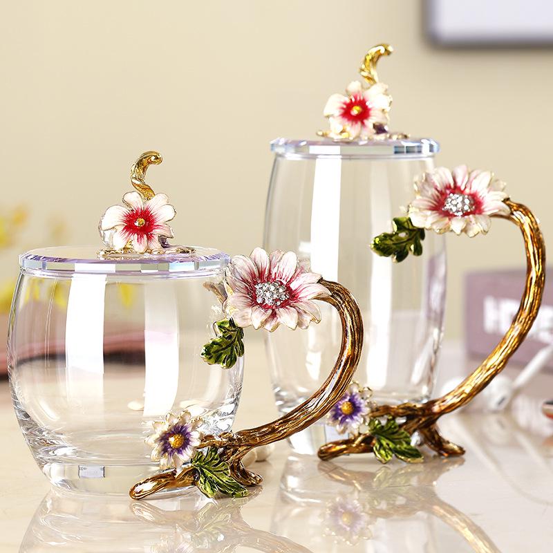 Paris March Enamel Flower Tea Cup - High-Temp Resistant Crystal Glass Gift for Teacher's Day or Girlfriend
